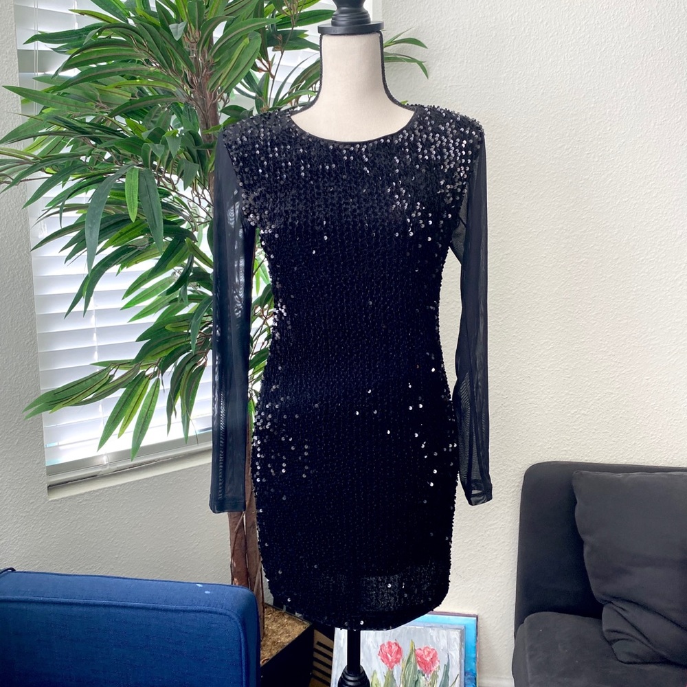 Black Sequins Mesh Long Sleeve Dress Sz S